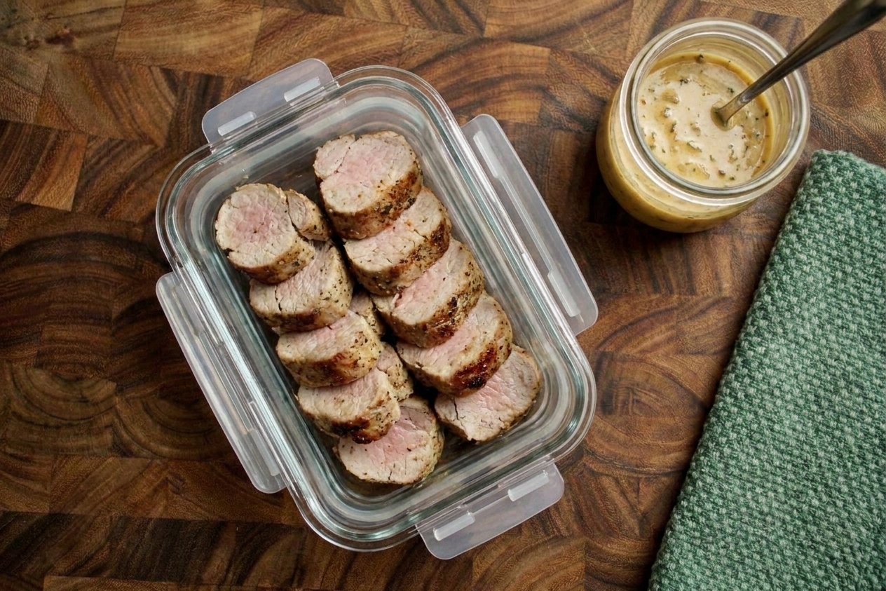 Sliced pork tenderloin stored in a glass airtight container with a small jar of pan sauce beside it