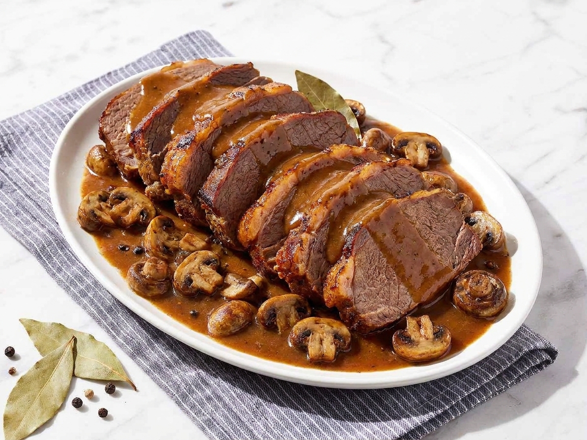Sliced sauerbraten on a platter with ladled brown gravy and mushrooms pooling around the meat