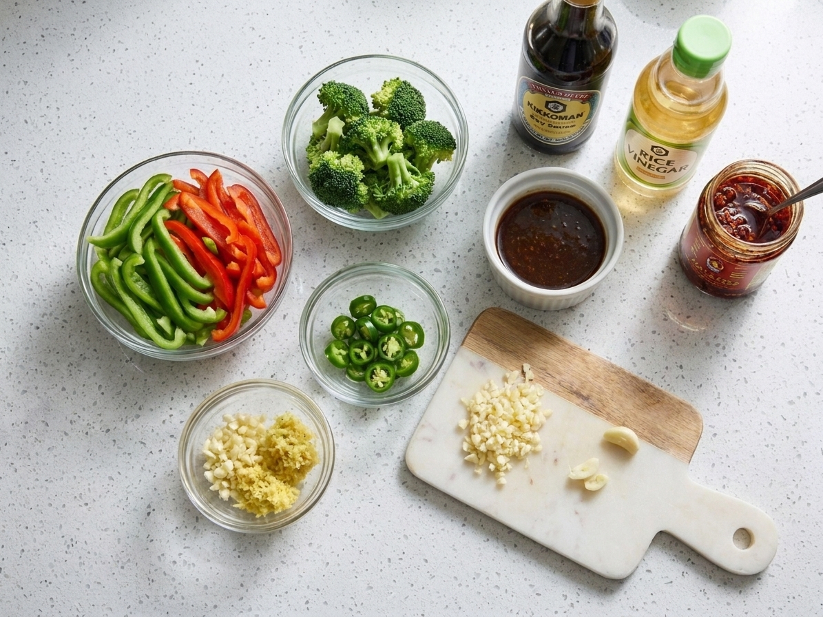 Sliced stir fry vegetables and aromatics portioned in small containers on a kitchen counter, ready to cook