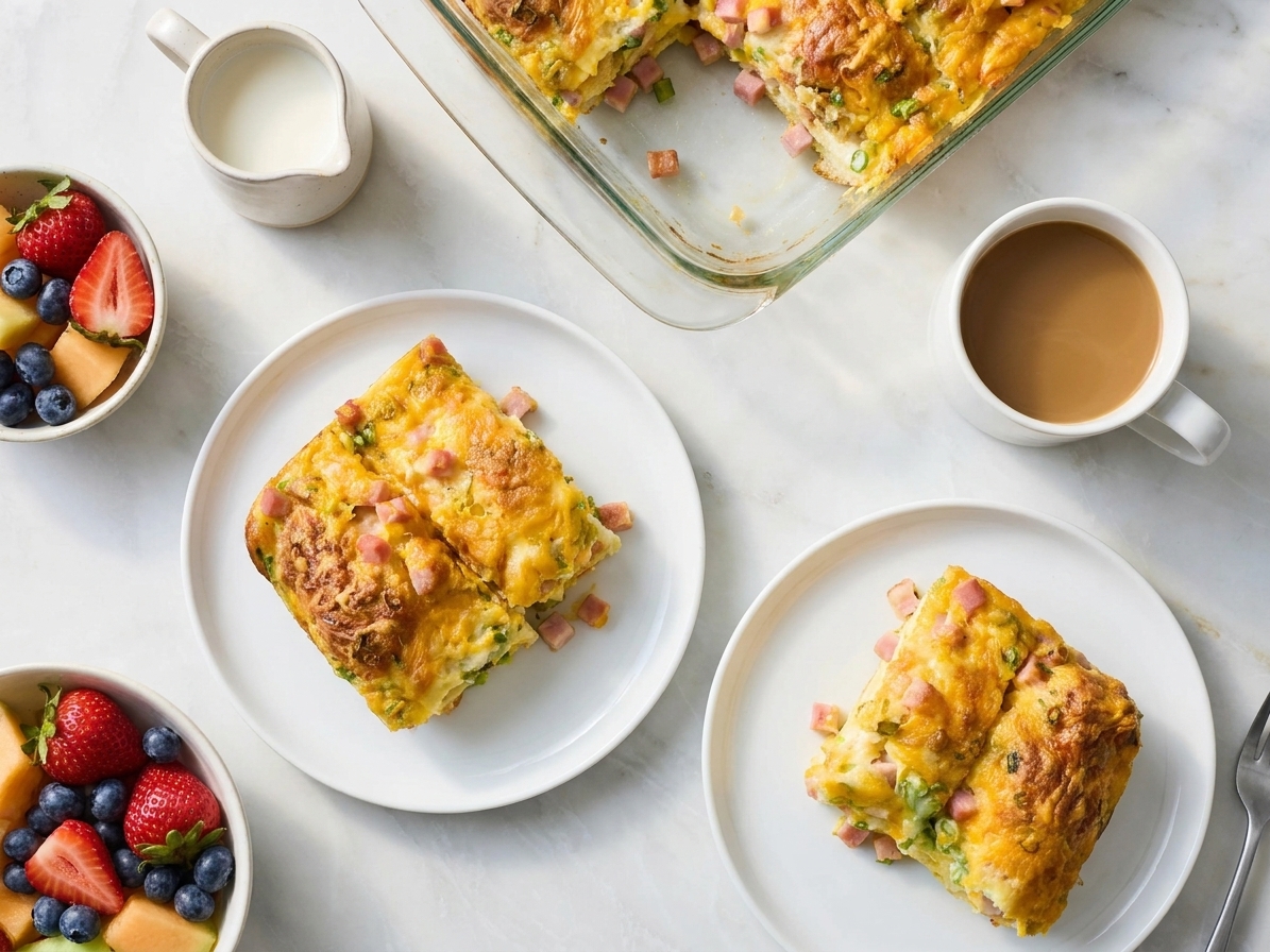 Slices of breakfast casserole on plates with fresh fruit and coffee on a bright brunch table