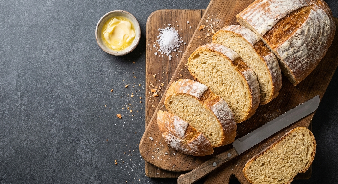 Slices of crusty homemade bread on a wooden board with softened butter and flaky salt nearby