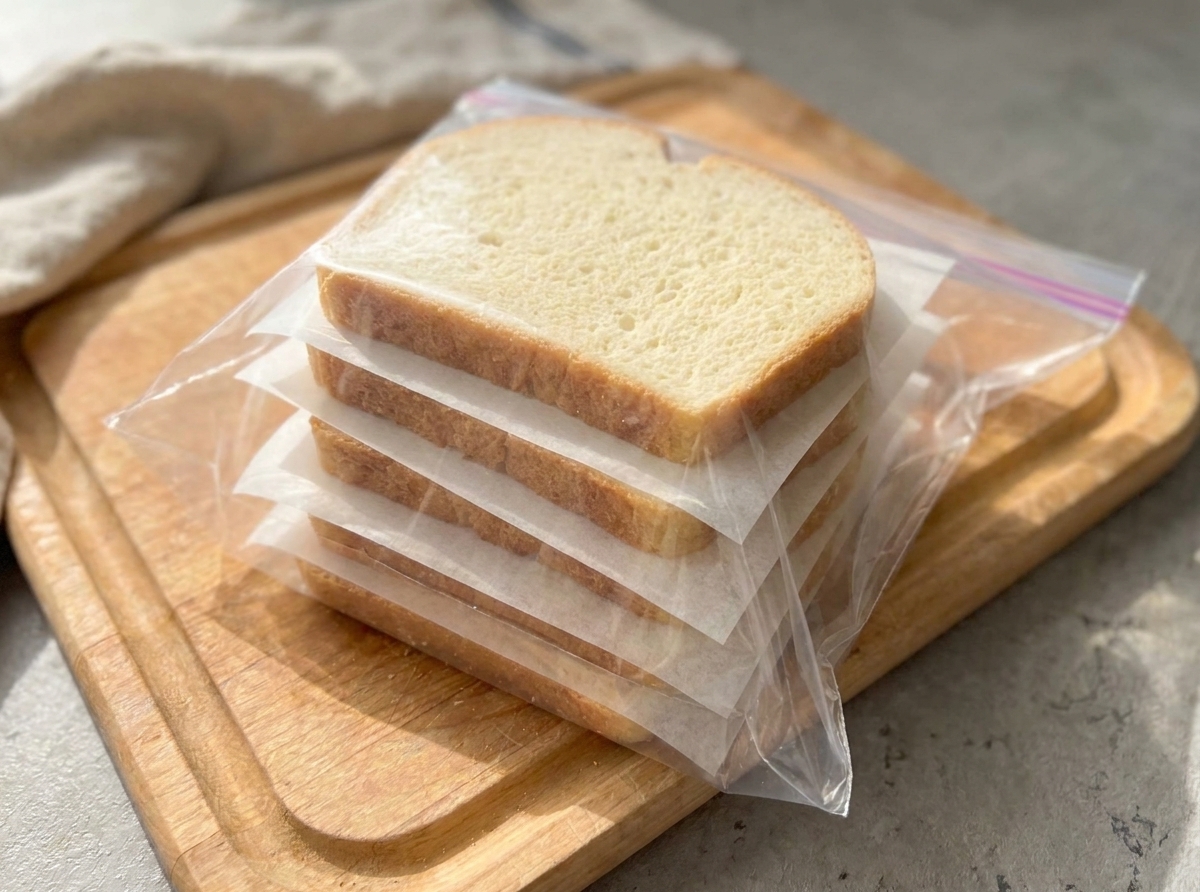Slices of homemade bread stacked in a freezer bag with parchment between slices on a kitchen counter