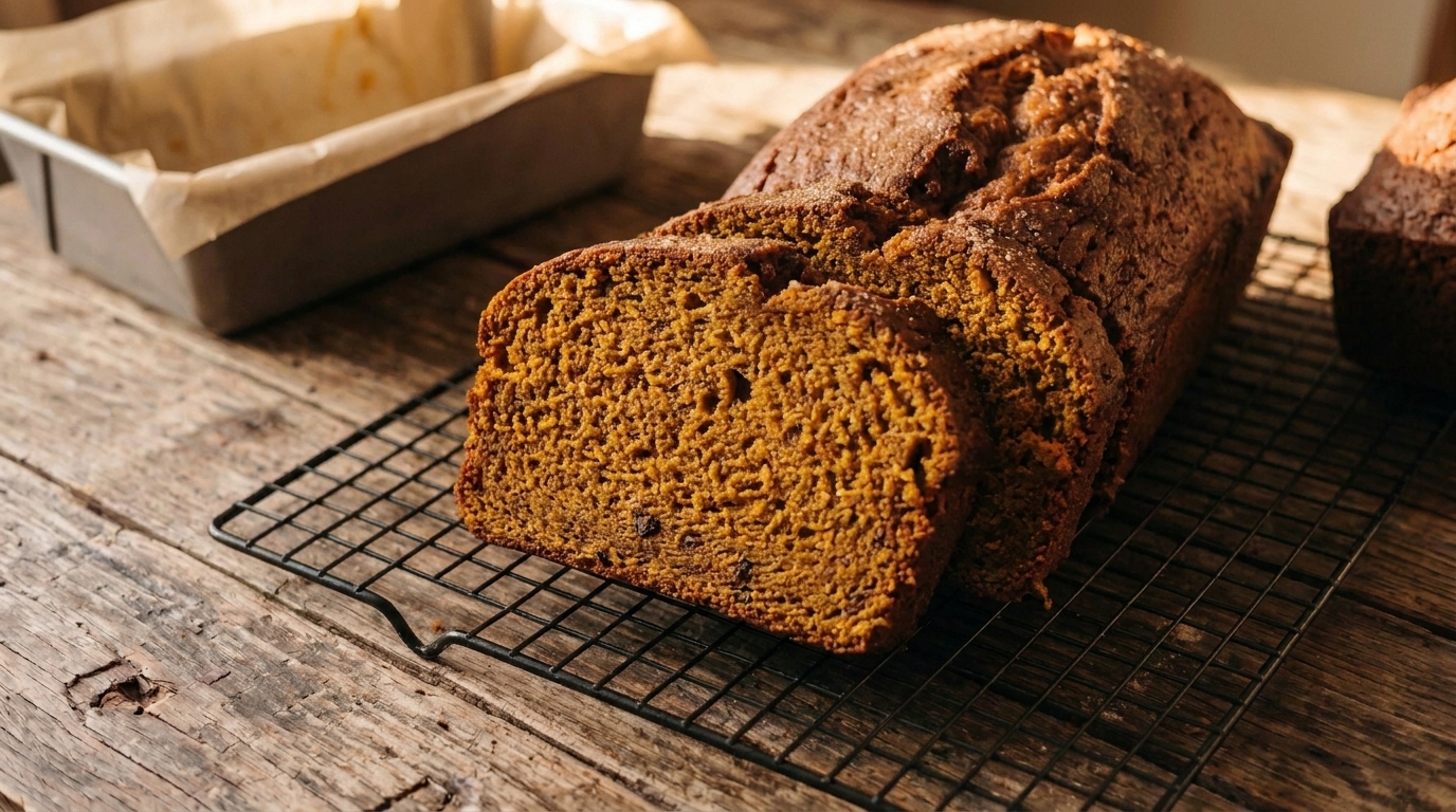 Slices of pumpkin bread showing a moist, even crumb with visible spice flecks