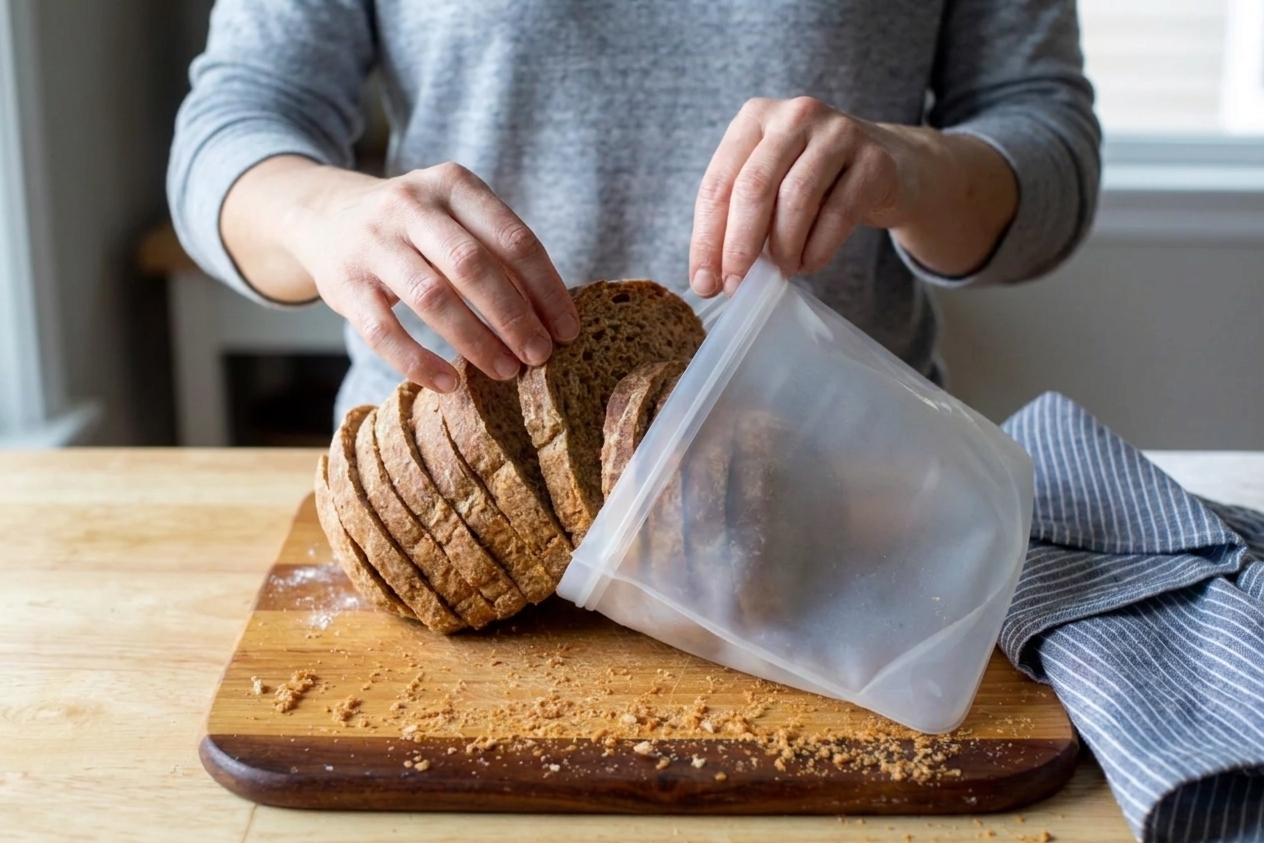 Slices of wheat bread being placed into a reusable freezer bag on a kitchen counter