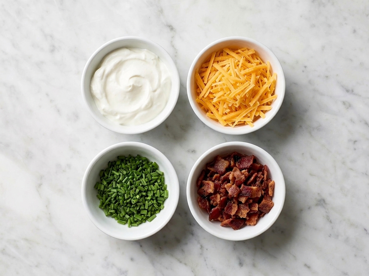 Small bowls of baked potato toppings including sour cream, shredded cheddar, chopped chives, and bacon bits arranged on a kitchen counter