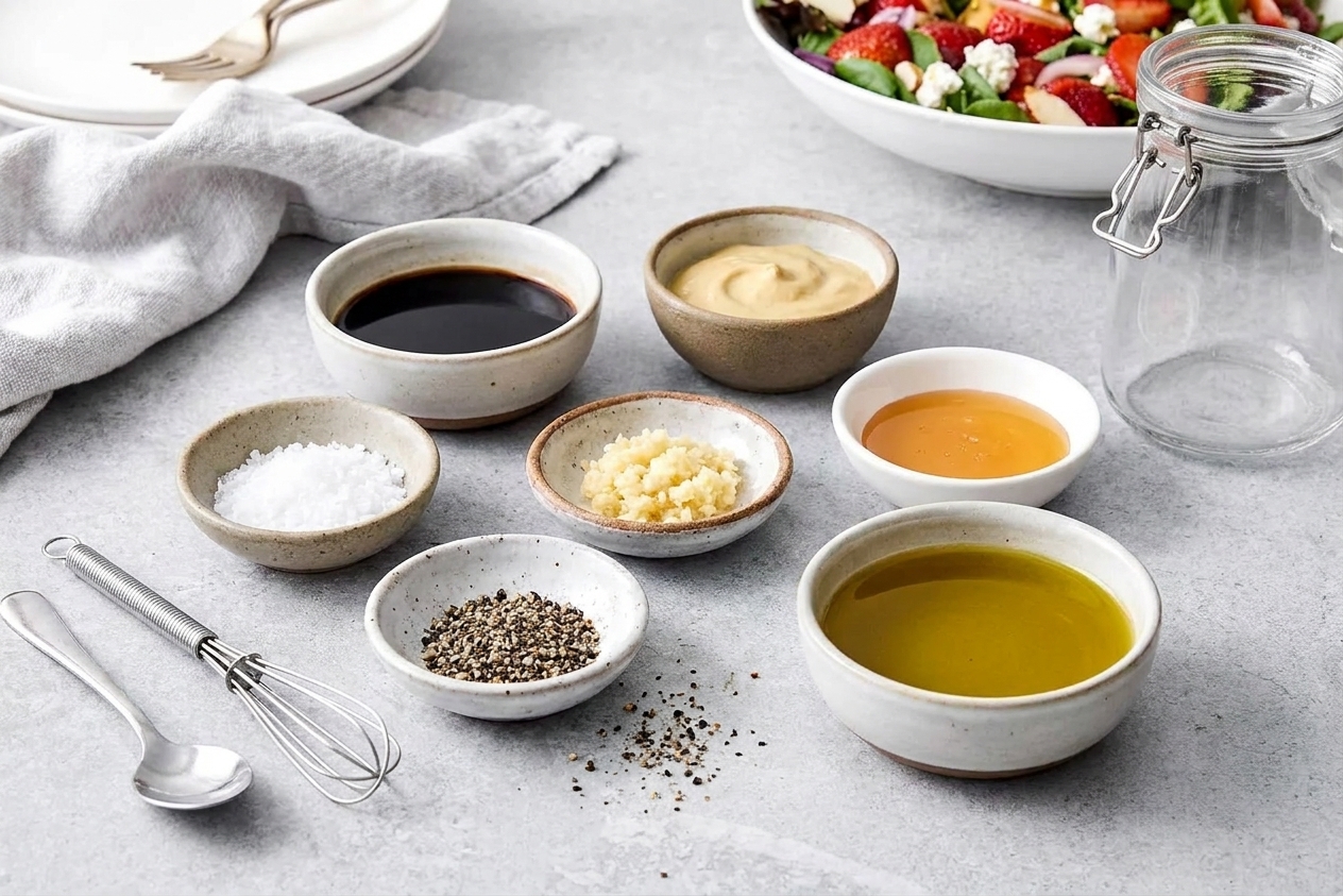 Small bowls of balsamic vinegar, Dijon mustard, minced garlic, honey, salt, black pepper, and olive oil arranged on a kitchen counter