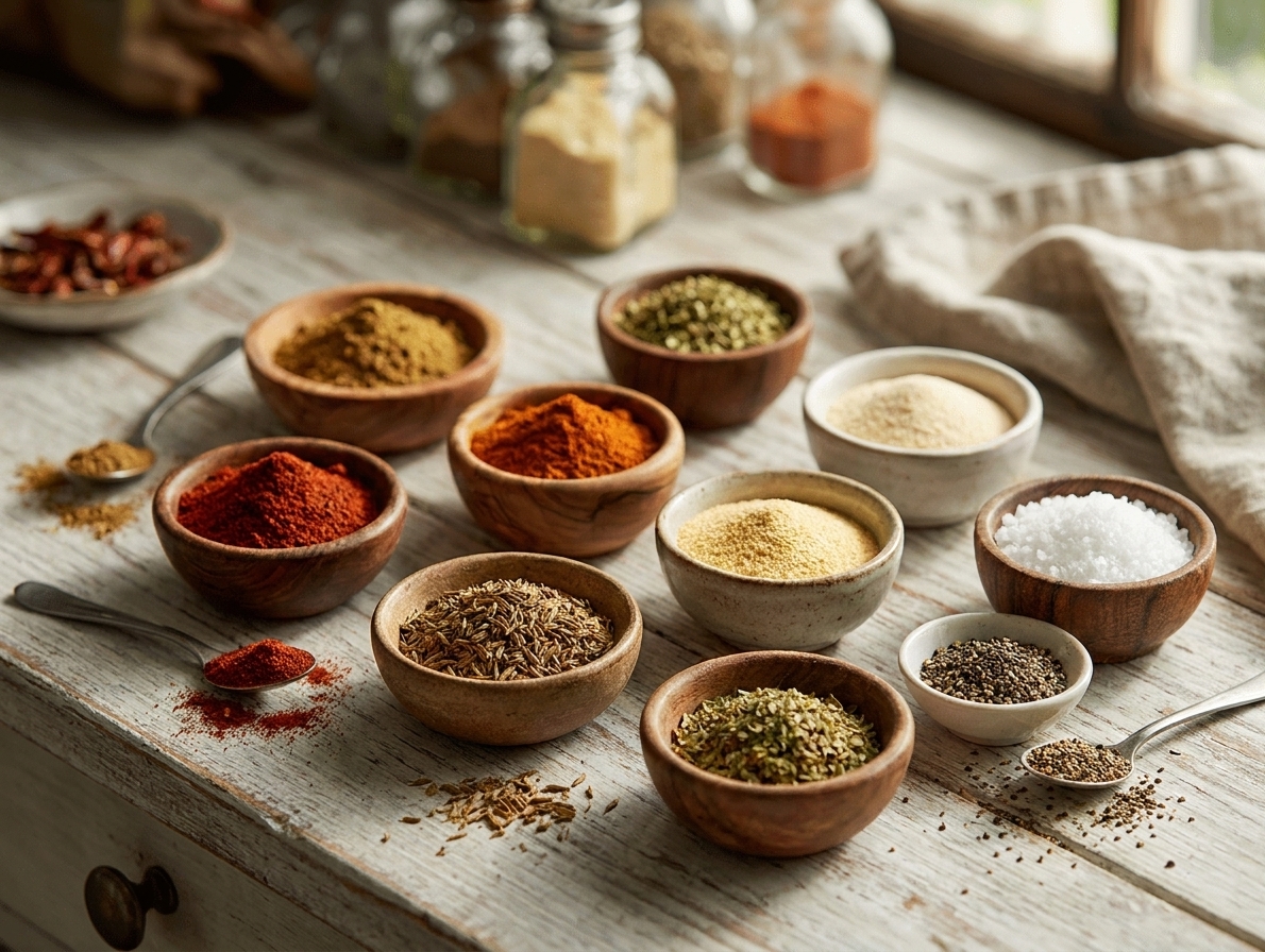 Small bowls of chili powder, cumin, smoked paprika, garlic powder, onion powder, oregano, salt, and pepper arranged on a light kitchen counter