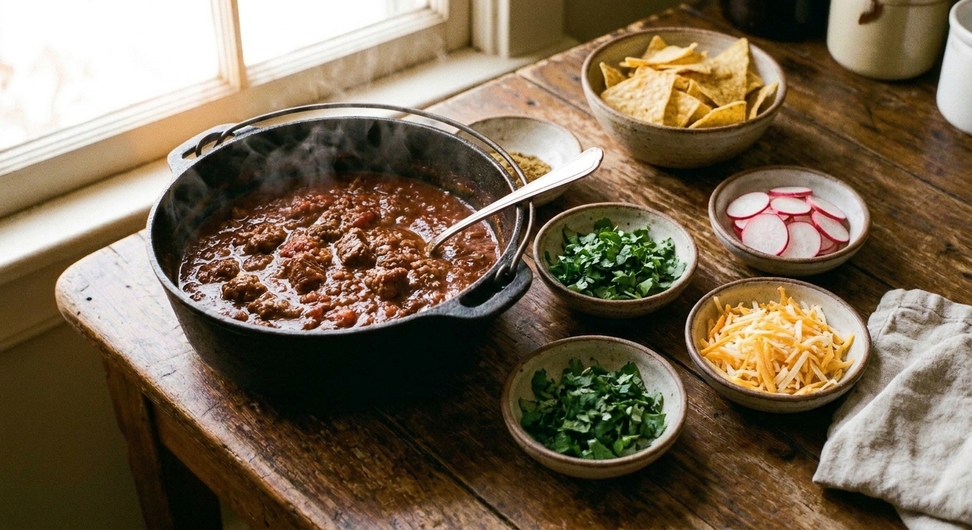 Small bowls of chili toppings like cilantro, radishes, shredded cheese, and tortilla chips arranged on a table next to a pot of chili
