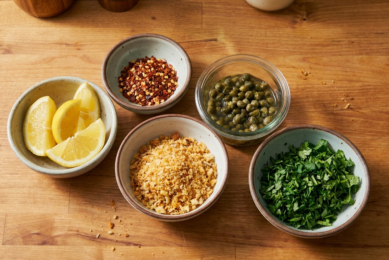 Small bowls of lemon wedges, chili flakes, capers, toasted breadcrumbs, and chopped herbs arranged on a kitchen counter