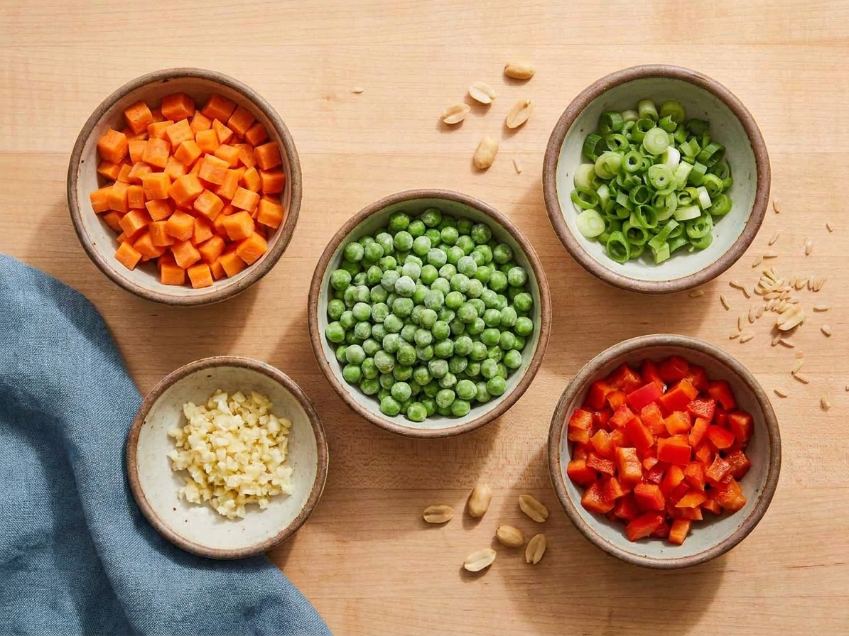 Small bowls of prepped fried rice vegetables including diced carrots, thawed peas, sliced scallions, minced garlic, and chopped bell pepper arranged on a kitchen counter
