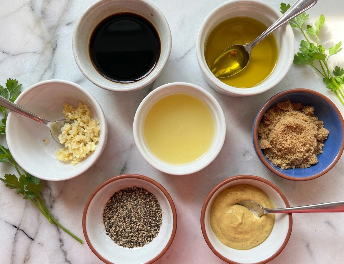 Small bowls of soy sauce, olive oil, lemon juice, brown sugar, minced garlic, black pepper, and Dijon mustard on a kitchen counter