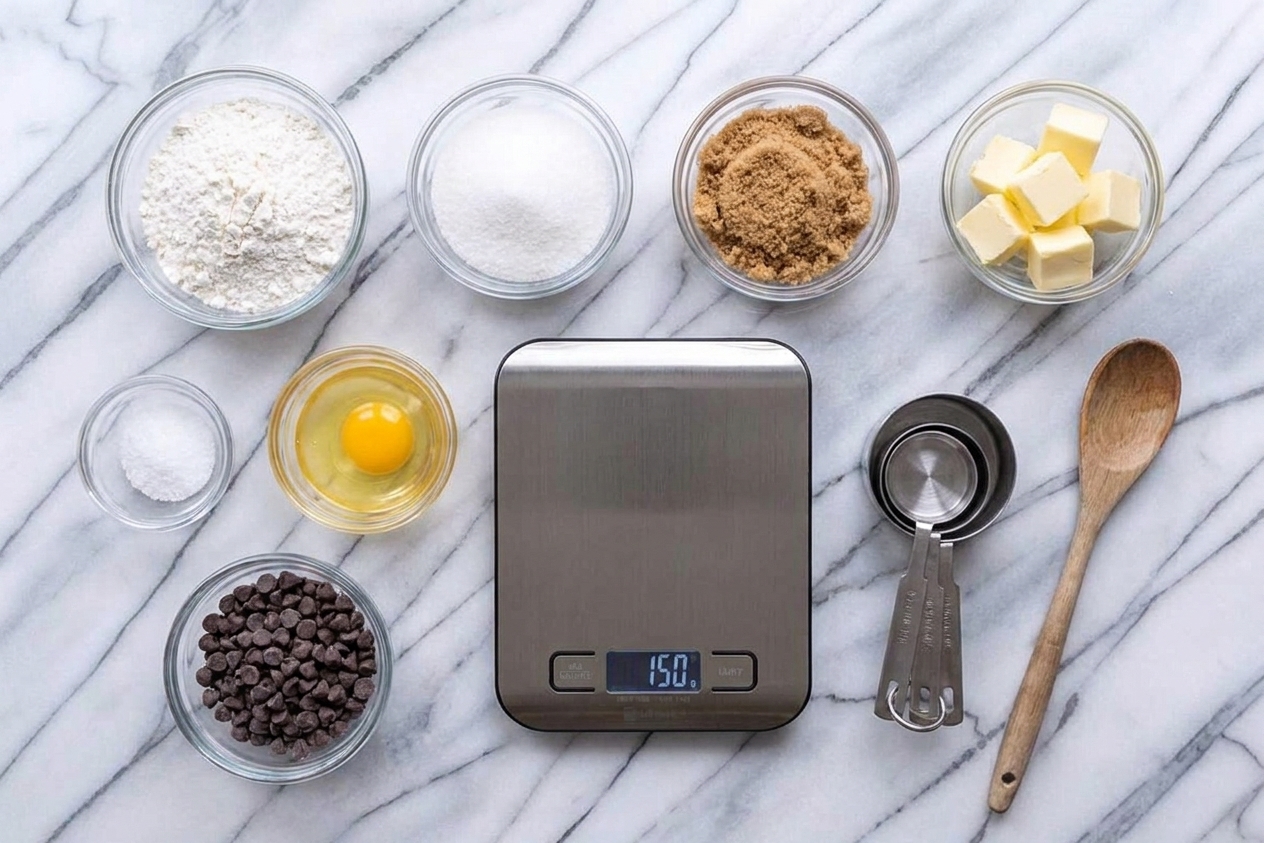 Small glass bowls of pre-measured ingredients arranged neatly on a kitchen counter next to measuring cups and a digital kitchen scale