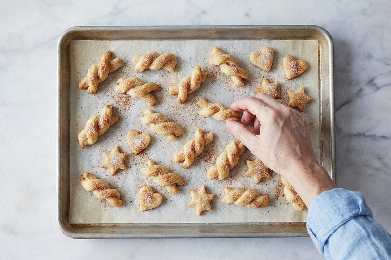Small twists and cutouts made from pie dough scraps sprinkled with cinnamon sugar on a baking sheet