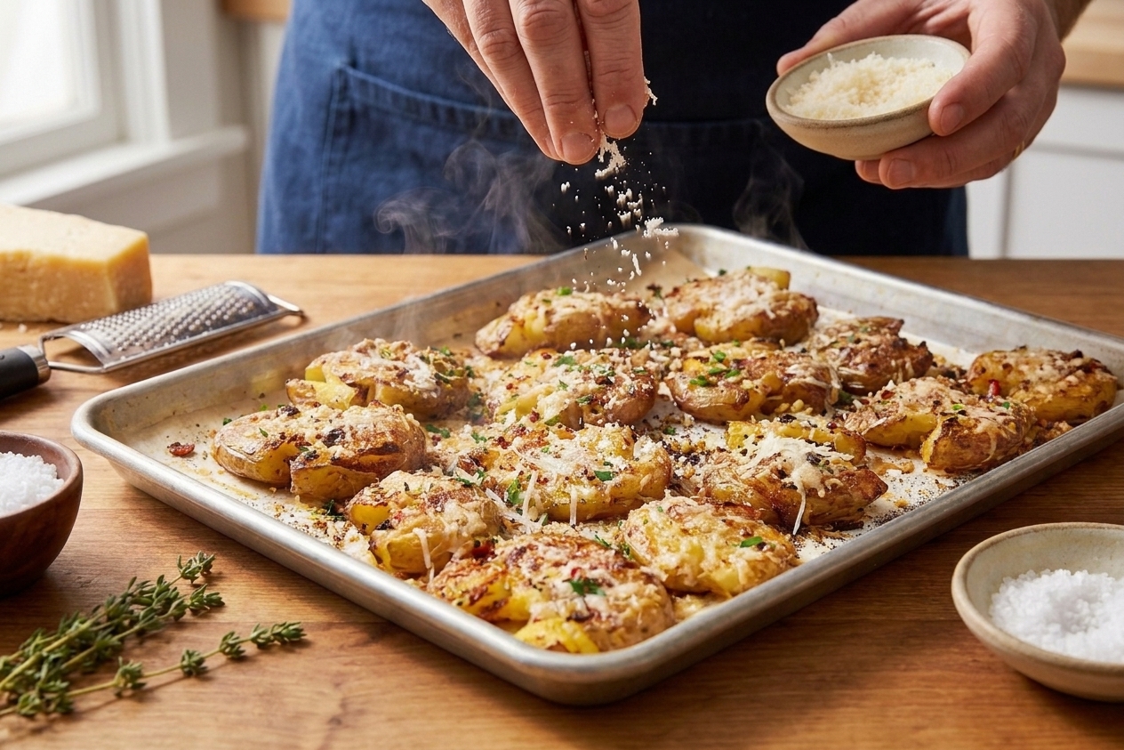 Smashed potatoes on a sheet pan being sprinkled with finely grated Parmesan and black pepper