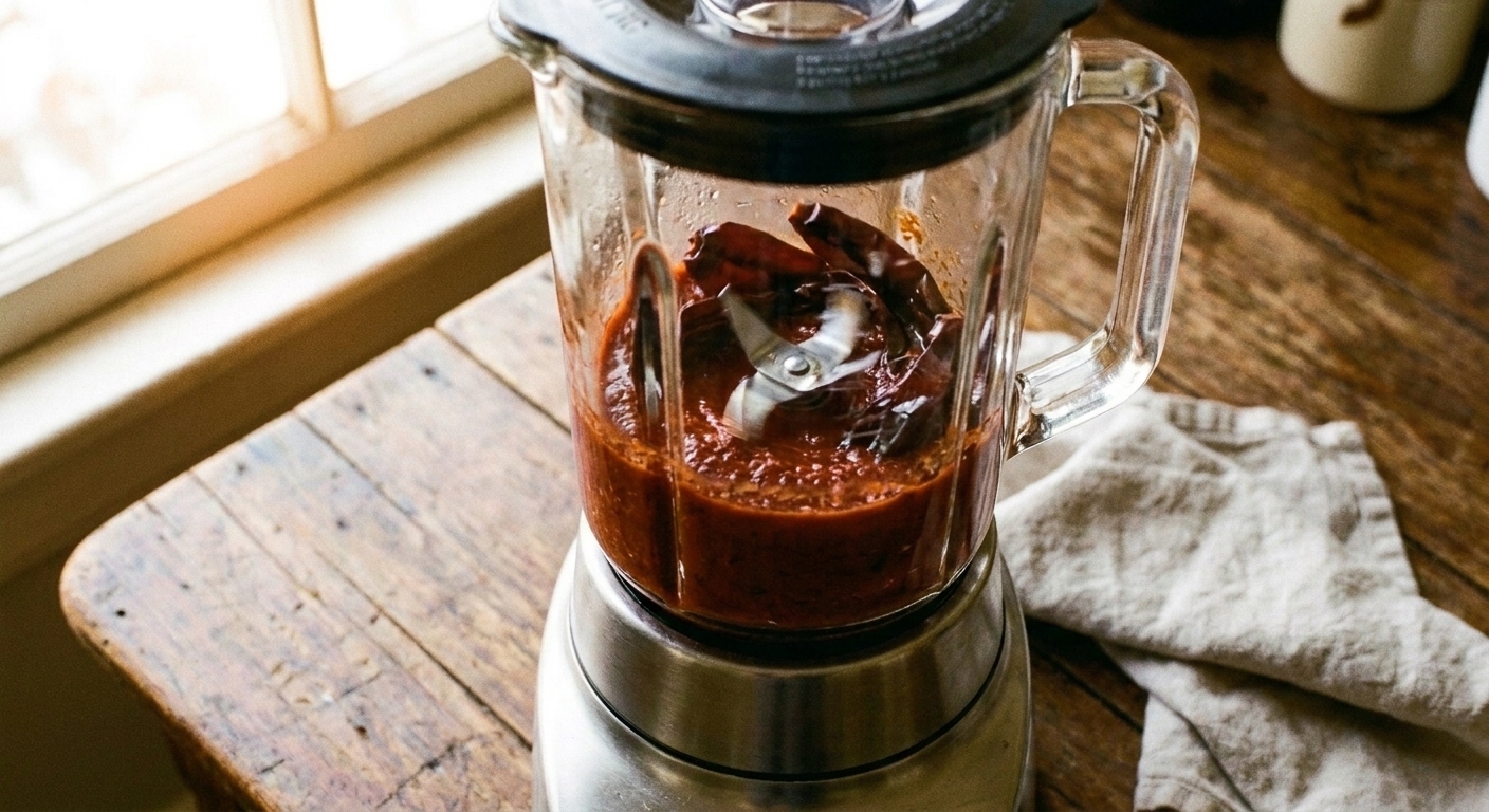 Soaked dried chiles being blended in a countertop blender until smooth