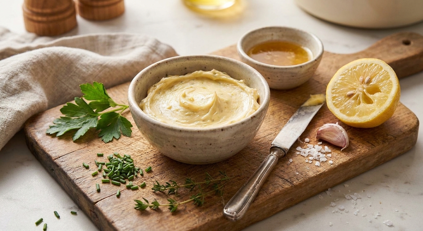 Softened butter, a small bowl of chicken drippings, lemon, garlic, fresh parsley, chives, thyme, and salt arranged on a light kitchen counter