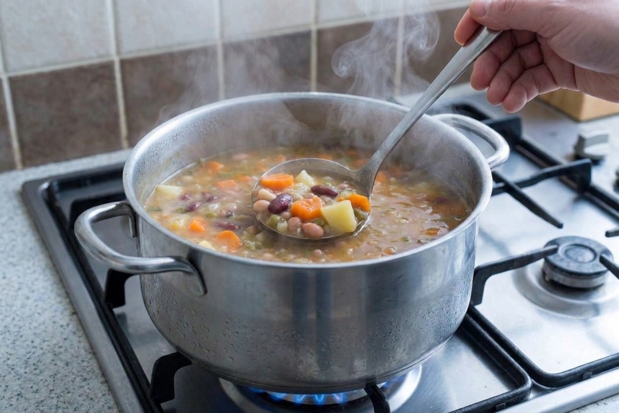 Soup reheating in a stainless steel saucepan on a stovetop with gentle steam rising while it is stirred