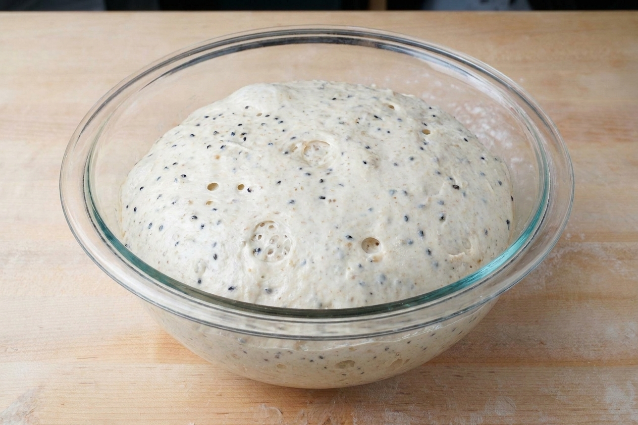 Sourdough bread dough rising in a clear glass bowl, showing small bubbles and a slightly domed surface