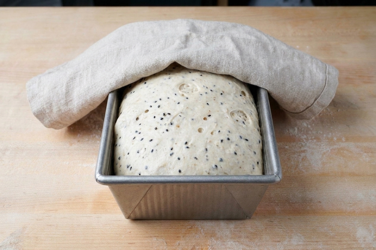 Sourdough sandwich dough proofing in a metal loaf pan, risen to just above the rim and covered loosely