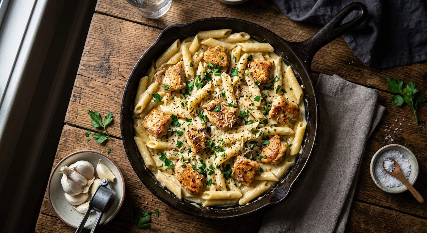 Spaghetti being tossed in a skillet with a creamy garlic Parmesan sauce, steam rising