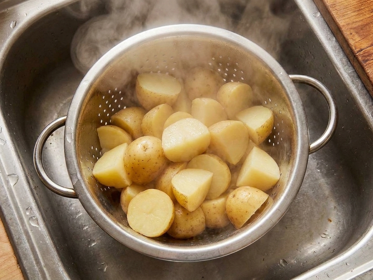 Steaming parboiled potato chunks draining in a metal colander set in a sink, with visible steam rising