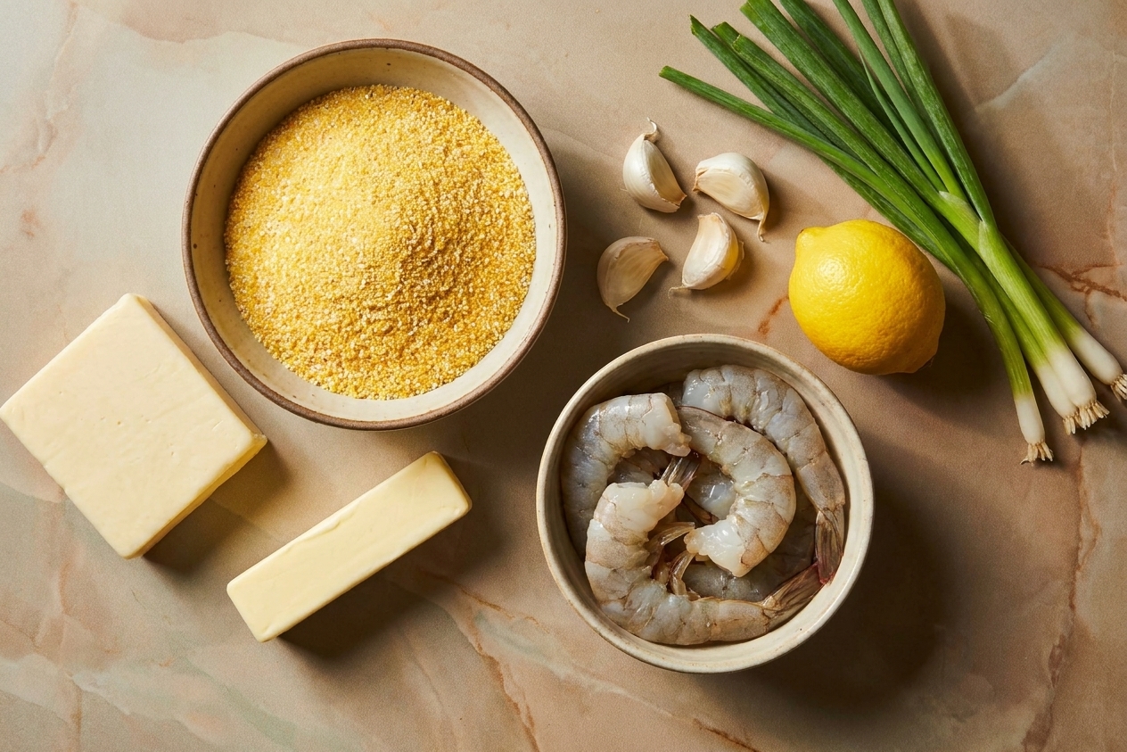 Stone-ground grits, butter, sharp cheddar, shrimp, garlic, lemon, and scallions arranged on a kitchen counter