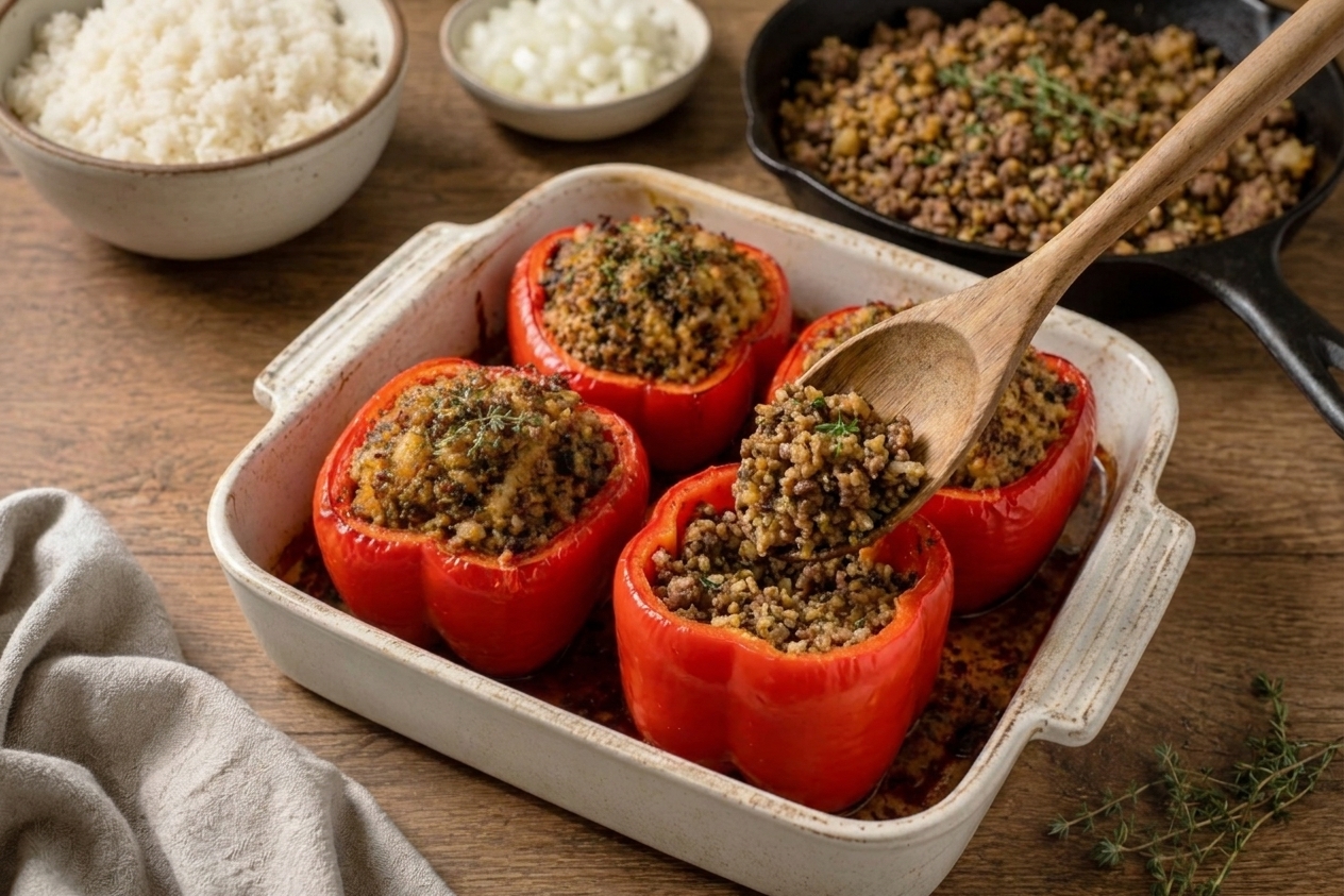 Stuffing is spooned into hollowed bell peppers arranged upright in a baking dish, with extra filling in a skillet nearby