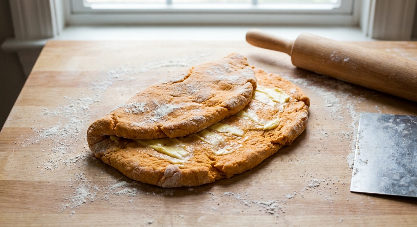 Sweet potato biscuit dough on a lightly floured countertop, partially folded with streaks of butter visible