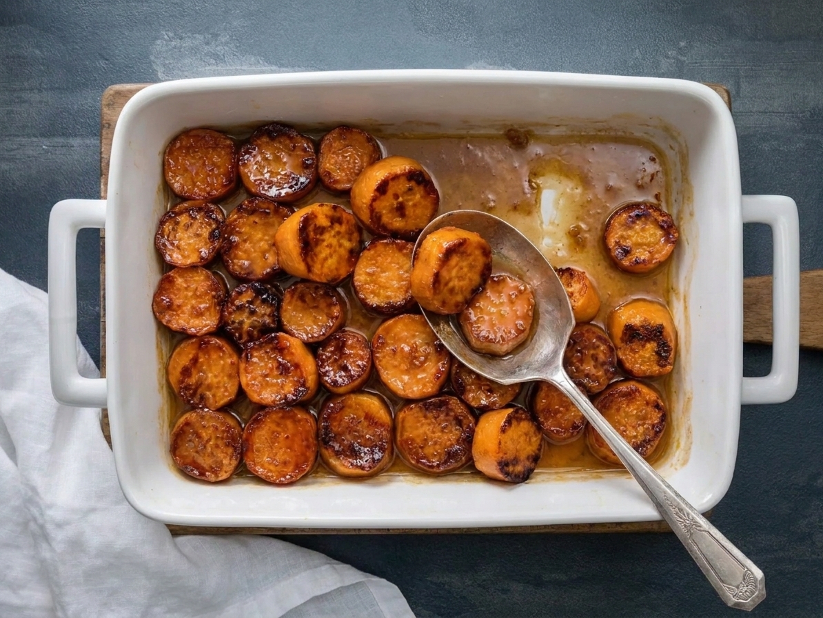 Sweet potato chunks in a baking dish being gently stirred with a spoon, coated in glossy brown sugar butter glaze