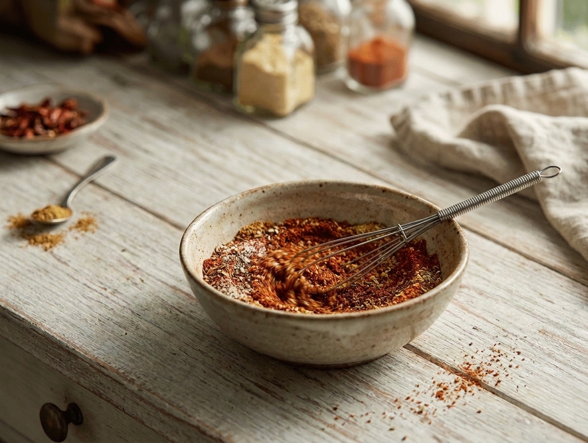 Taco seasoning spices being whisked together in a small ceramic bowl on a kitchen counter