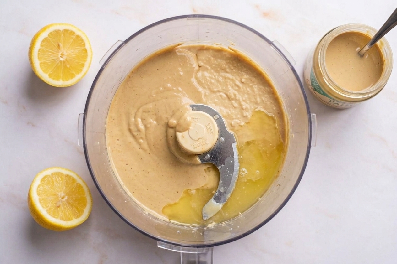 Tahini and fresh lemon juice in a food processor bowl with the blade inserted, ready to be blended