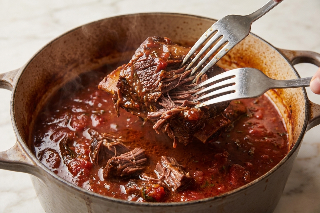 Tender braised short rib meat being shredded with two forks over a pot of tomato wine sauce