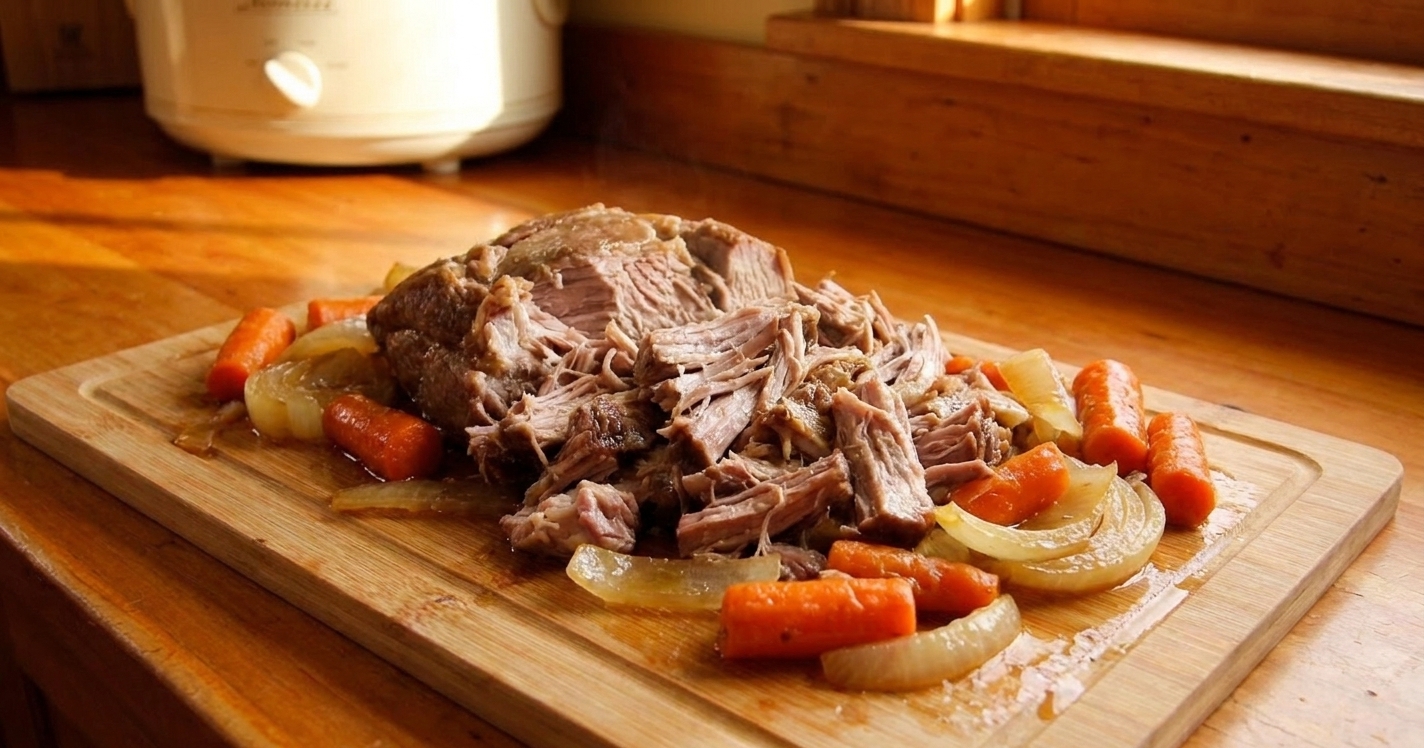 Tender shredded pork roast piled on a cutting board with carrots and onions nearby