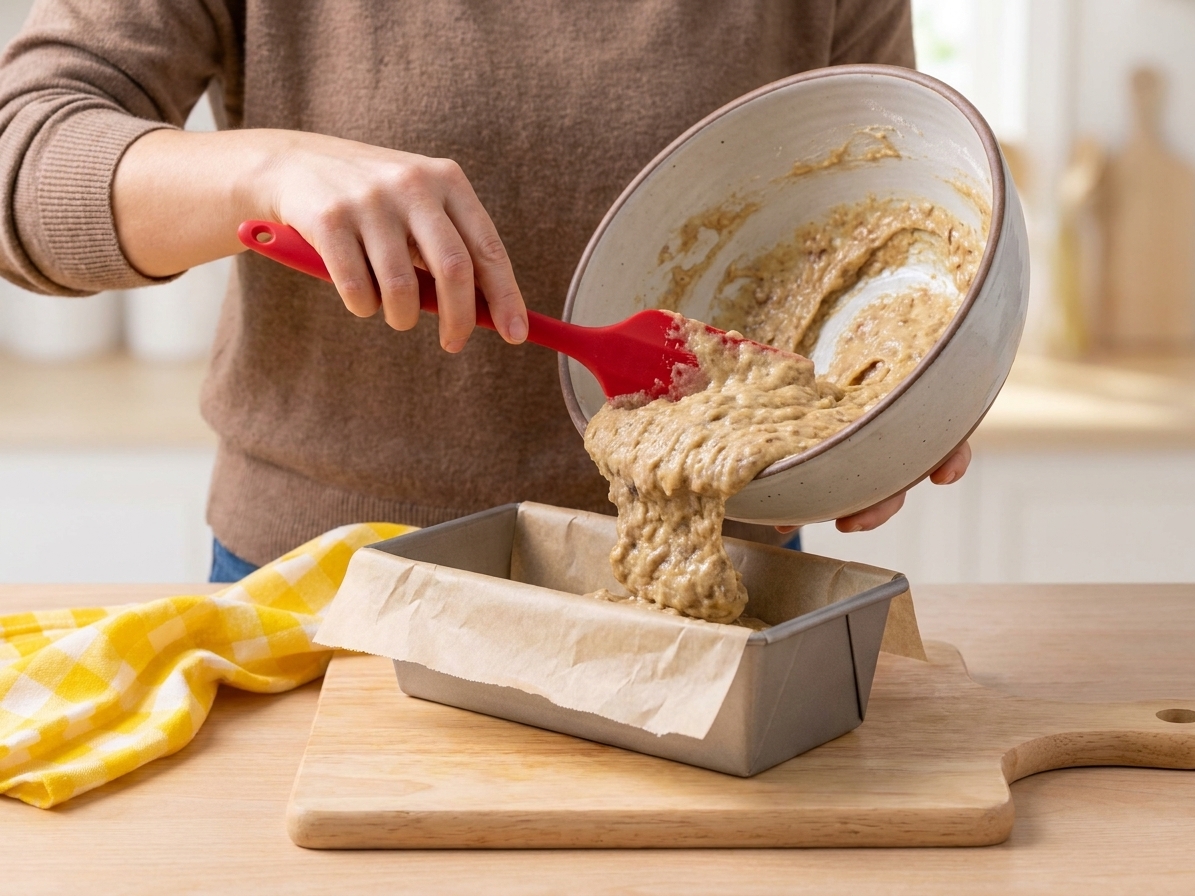 Thick banana bread batter being scraped from a mixing bowl into a parchment-lined loaf pan with a silicone spatula