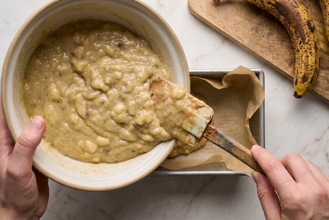 Thick banana bread batter being scraped into a parchment-lined loaf pan with a rubber spatula