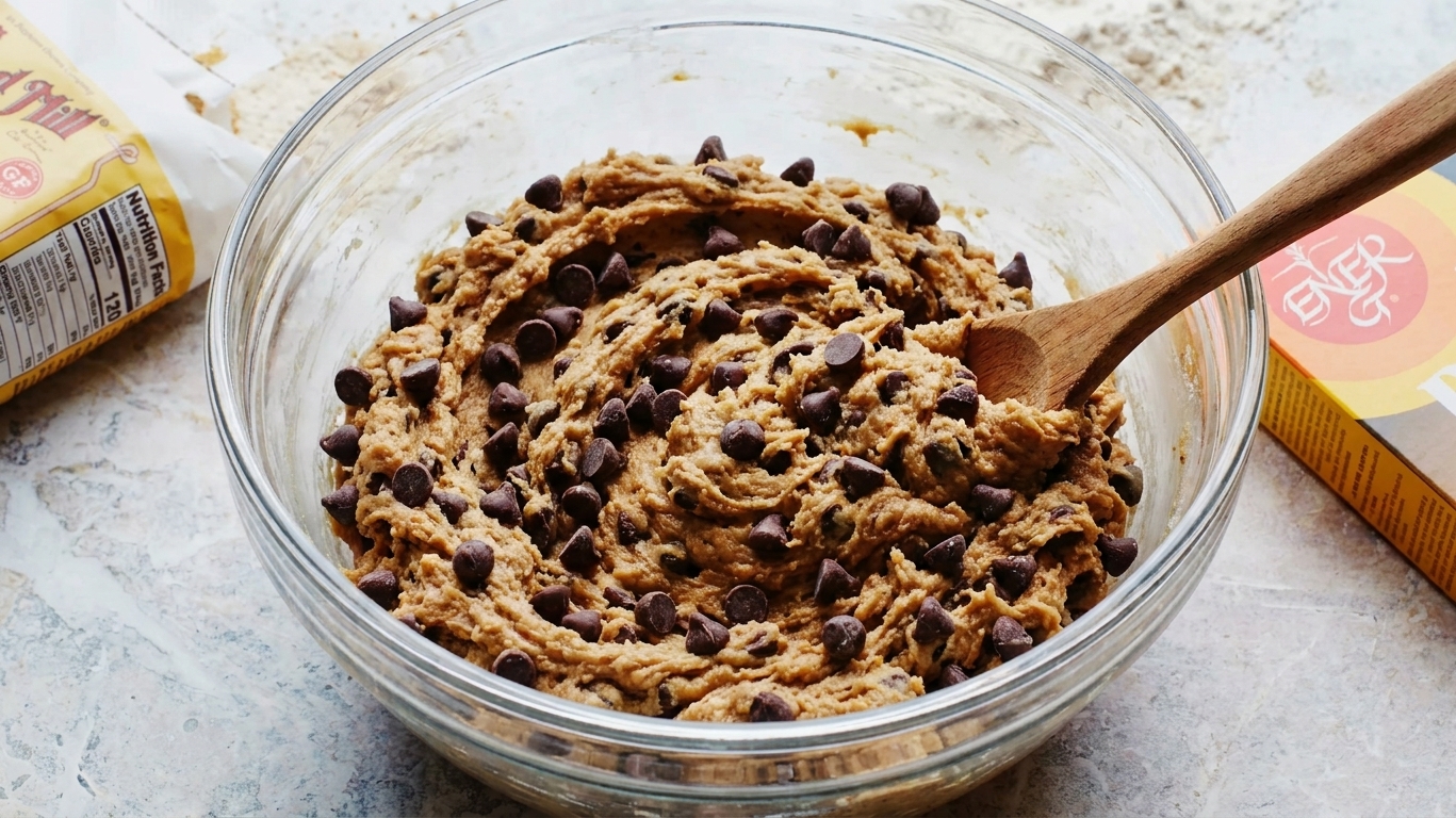 Thick chocolate chip cookie dough in a glass bowl on a kitchen counter, with chocolate chips visible throughout