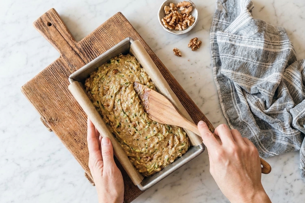 Thick zucchini bread batter being spread into a parchment-lined loaf pan on a kitchen counter