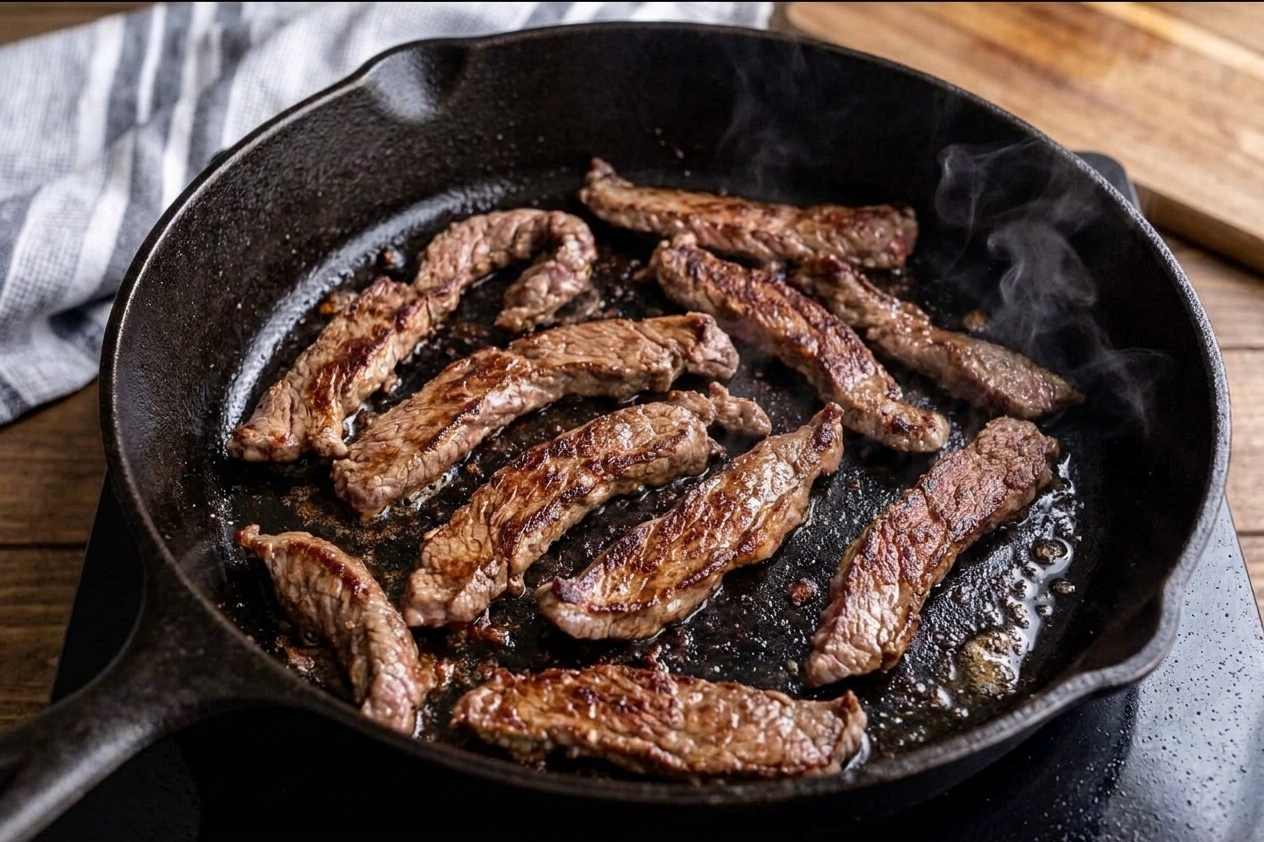 Thinly sliced steak searing in a hot skillet with browned edges and minimal steam