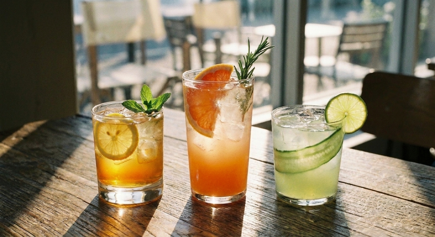 Three clear glasses of citrus mocktails in different natural colors on a kitchen counter, each with ice and a citrus garnish