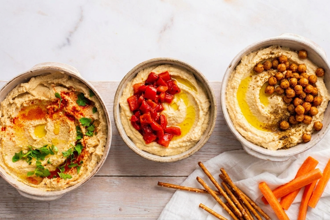 Three small bowls of hummus on a wooden table, each topped differently with olive oil and herbs, roasted red peppers, and spiced chickpeas