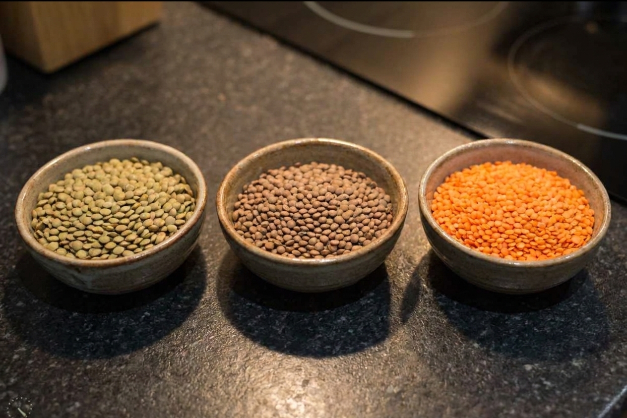 Three small bowls on a kitchen counter filled with green lentils, brown lentils, and red split lentils