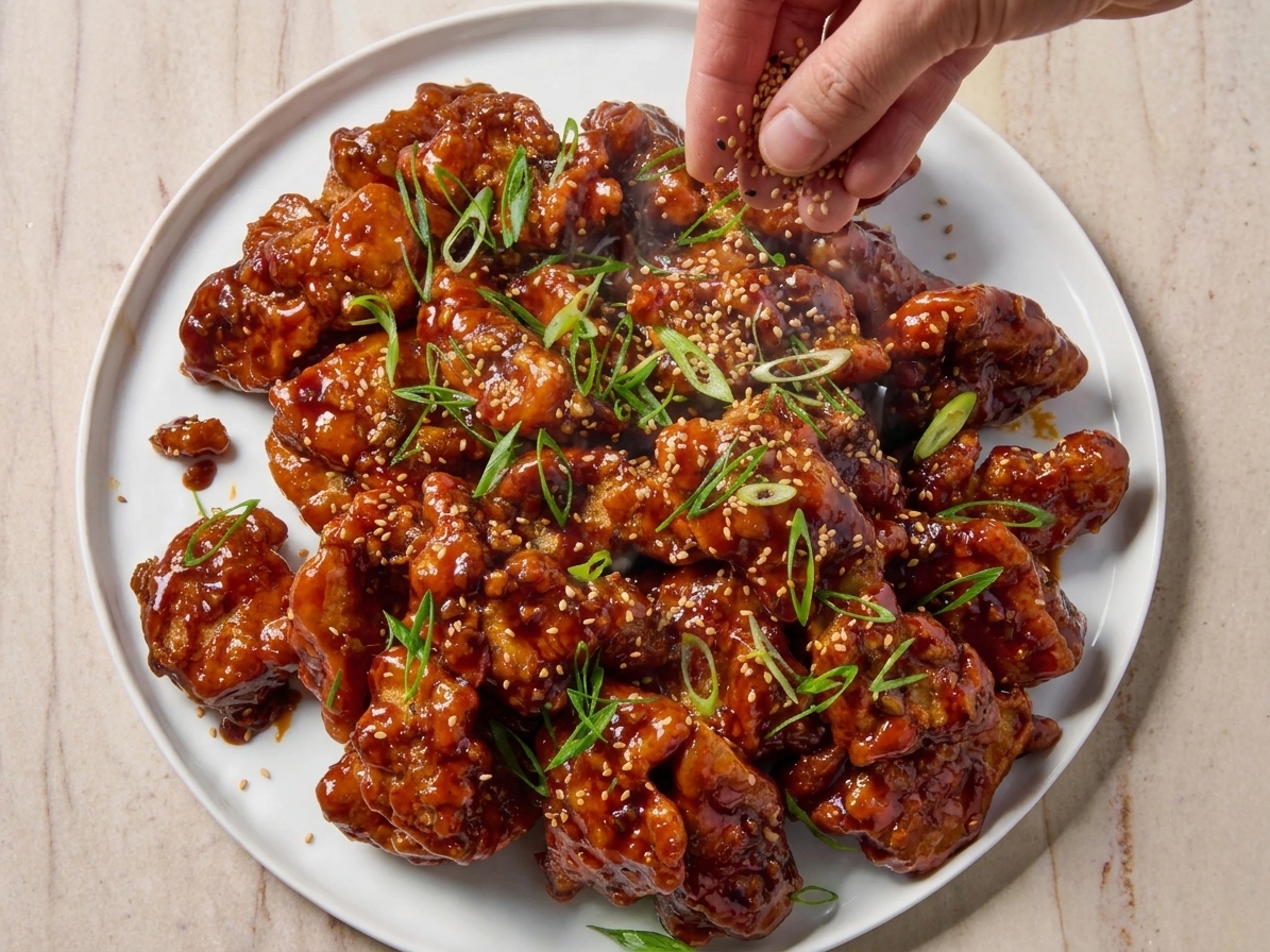 Toasted sesame seeds and sliced scallions scattered over freshly glazed Korean BBQ chicken on a serving platter