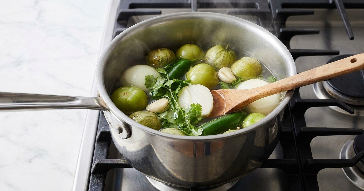 Tomatillos and aromatics gently simmering in a saucepan on a stovetop, steam rising