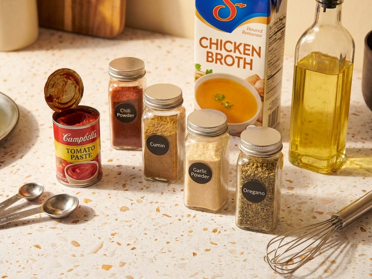 Tomato paste, chili powder, cumin, garlic powder, oregano, broth, and oil arranged on a kitchen counter for making enchilada sauce