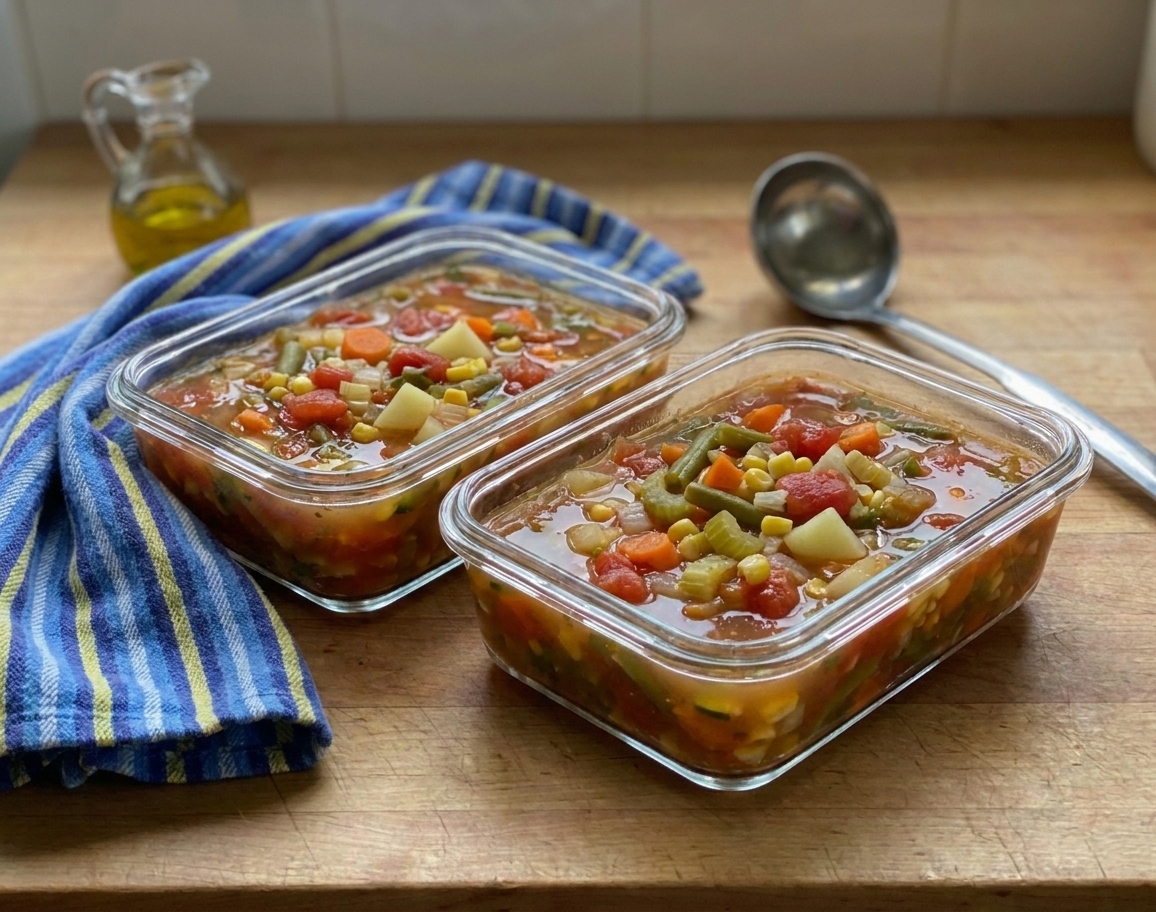 Two airtight glass containers filled with garden vegetable soup cooling on a kitchen counter, ready to be stored