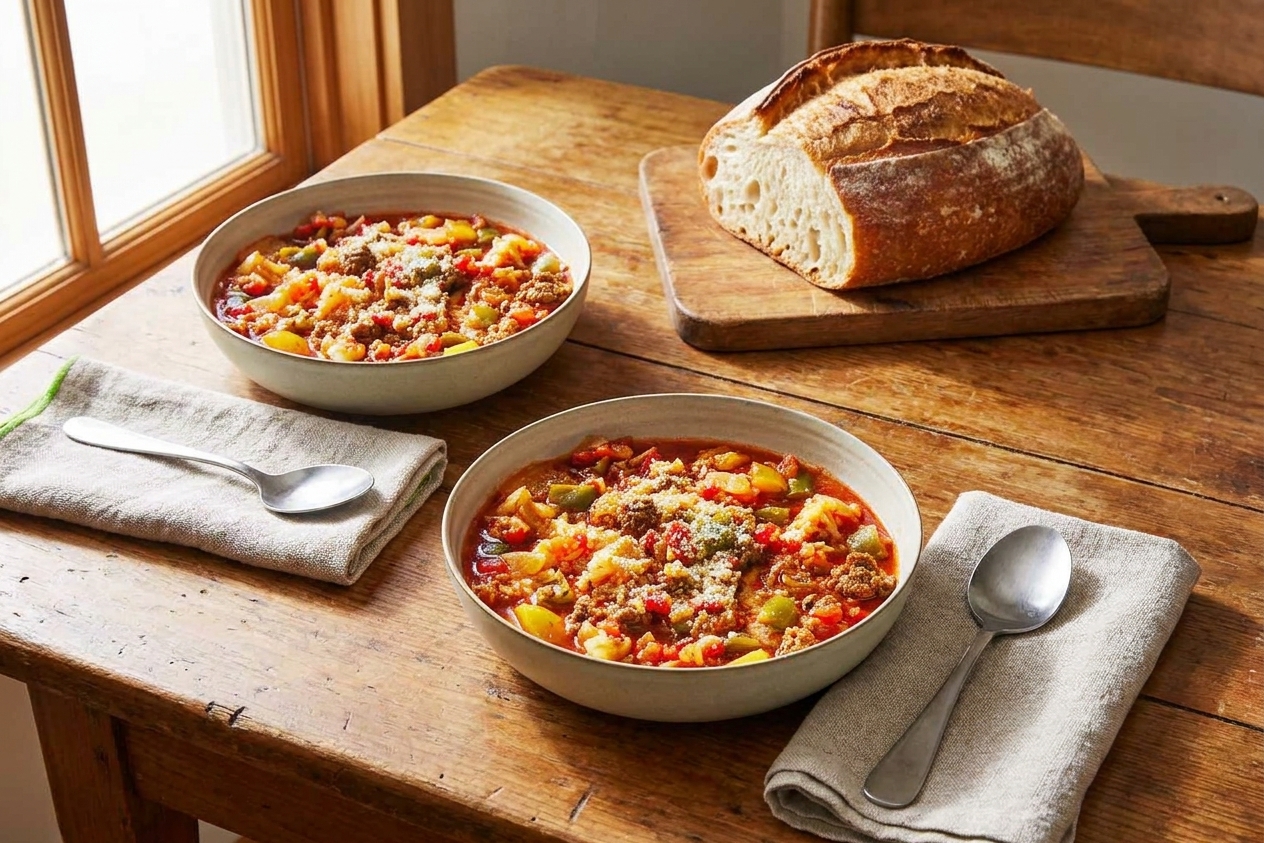 Two bowls of stuffed pepper soup on a simple dinner table with spoons, napkins, and a loaf of bread in the background