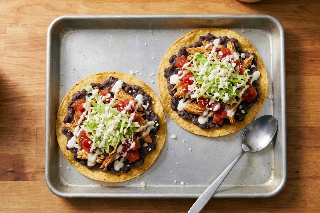 Two crispy tostadas topped with mashed black beans, seasoned chicken, salsa, and shredded lettuce on a sheet pan