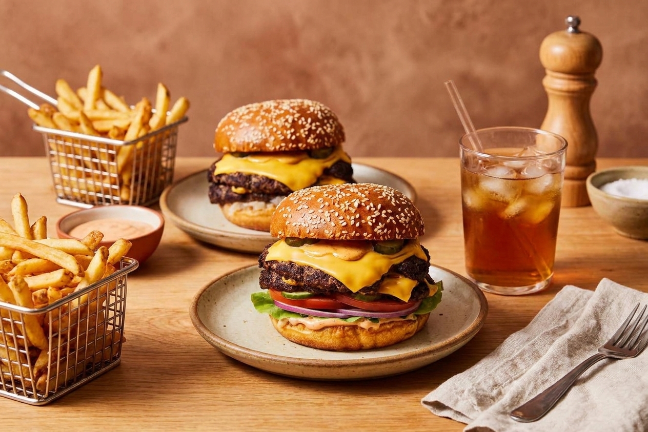 Two finished burgers on plates with a side of fries and a simple glass of iced drink on a casual dinner table