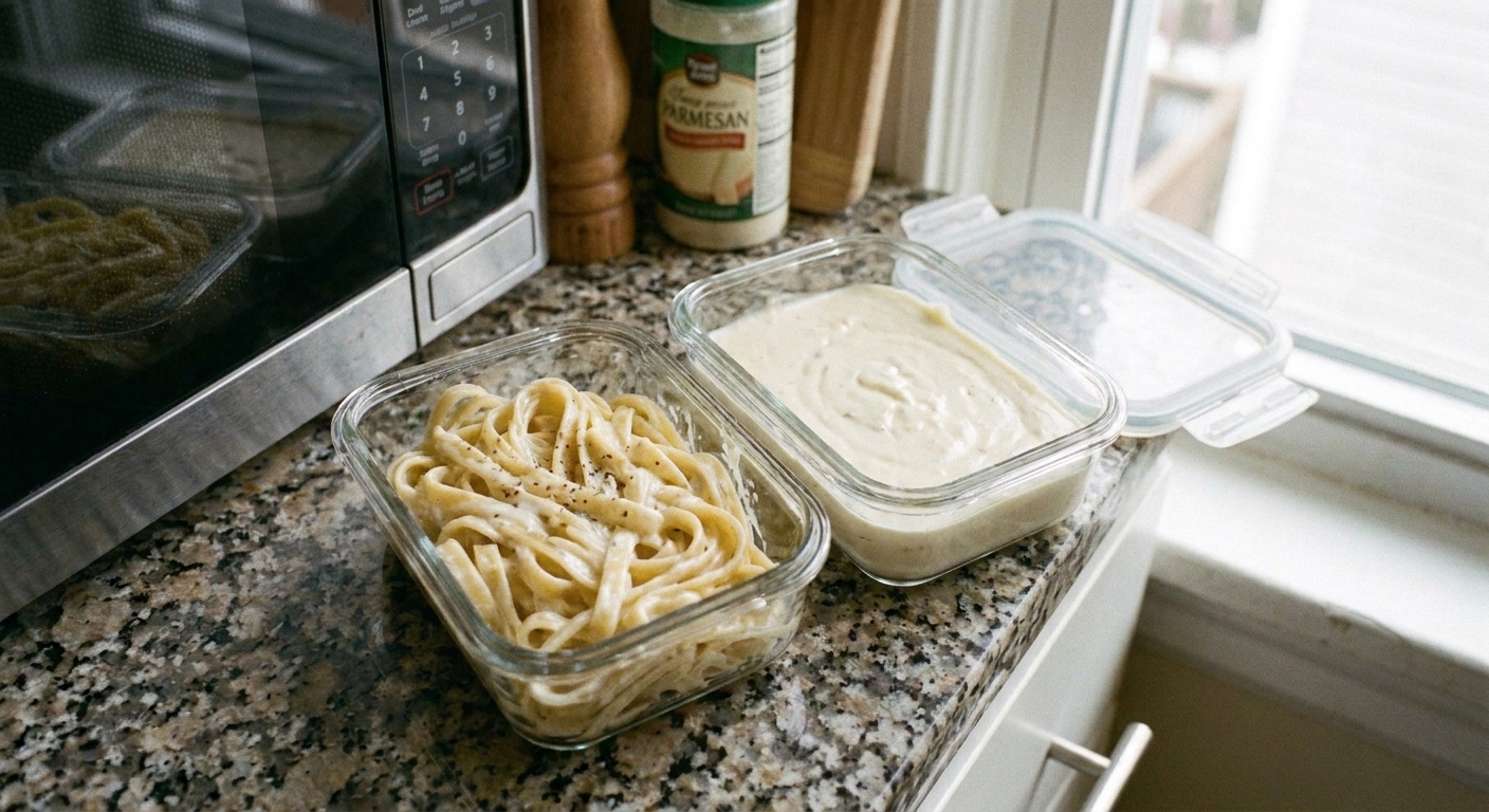 Two glass meal prep containers on a counter, one filled with cooked pasta and the other with creamy pasta sauce, lids set beside them