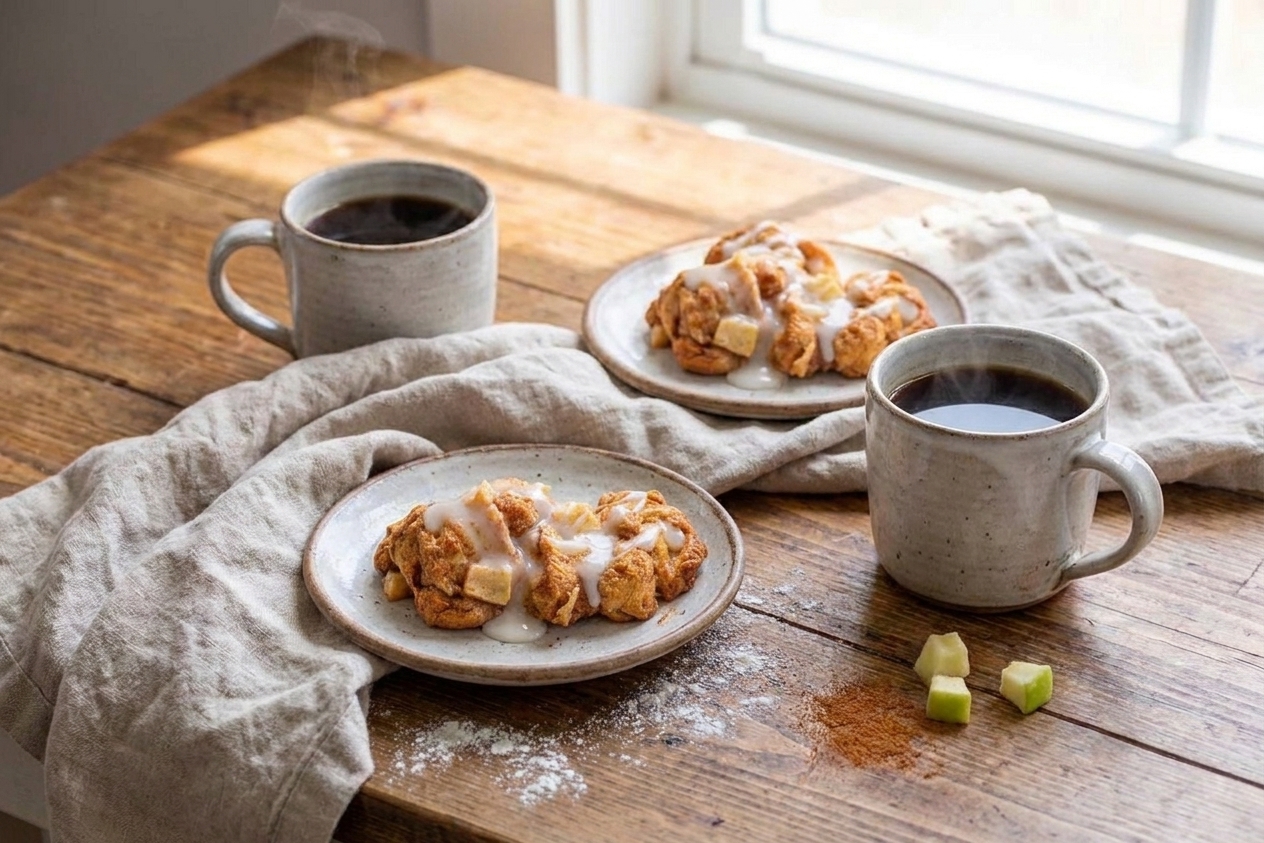 Two glazed apple fritters on small plates beside mugs of coffee on a cozy breakfast table with a linen napkin